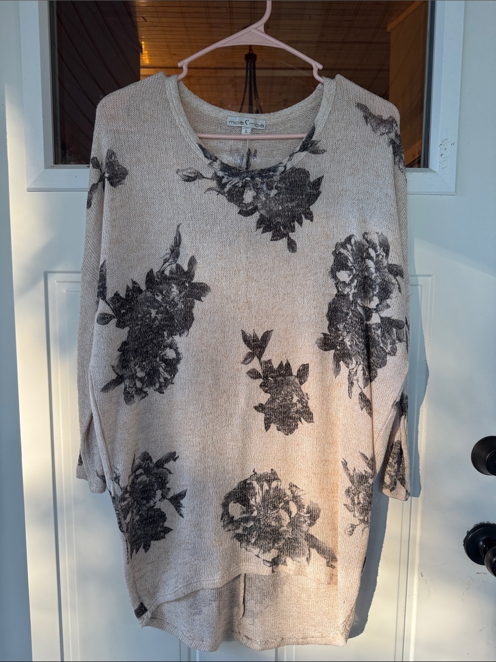 Moschino Beige Scoop Neck Sweater with Black Floral Print